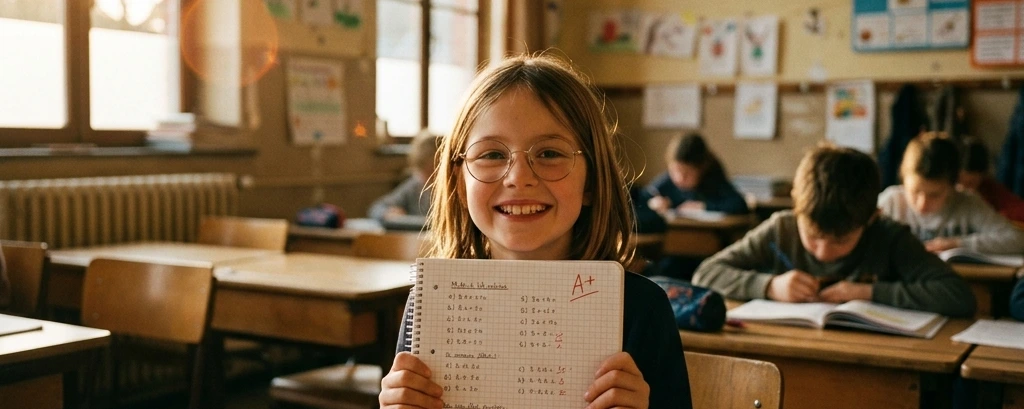 Une enfant montre fièrement son cahier en classe